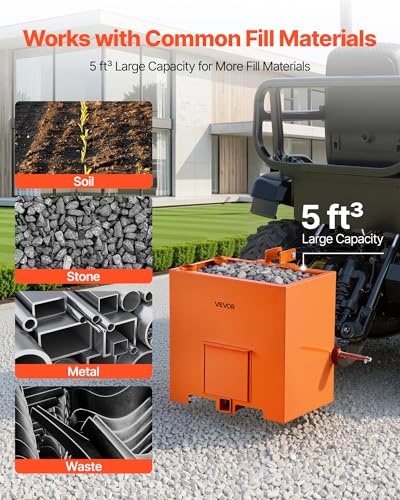 Image of VEVOR Ballast Box, 3-Point Category 1 Tractor Ballast of 800 lbs Capacity, with Standard 2 Inch Hitch Receiver, Heavy-Duty Steel 5 ft Large Volume Durable Loader Attachment with Sliding Door, Orange