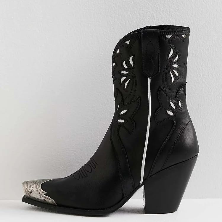 keleimusi Women's Cut-Out Floral Embroidery Cowgirl Boots Stacked Heel Cowboy Booties Steel Toe Short Cowboy Boots Side Zipper Western Booties for Women2