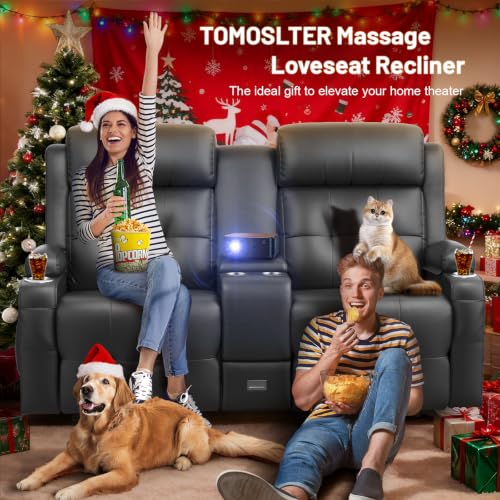 Image of Loveseat Recliner Sofa, Home Theater Seating with Massage, Reclining Loveseats with Console, Wall Hugger RV Couch Movie Theater Chairs, RV Furniture Sofas with USB, Cup Holders, Drawer for Gaming Room