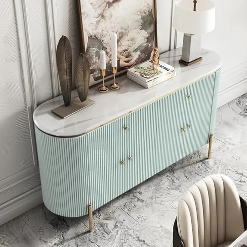 Image of Modern Console Table, 55 x 15 x 30 inch, White Ribbed Design, Marble Top, Gold Accents, 4-Door Storage Cabinet, Waterproof Plywood, PVD-Coated Legs, Elegant Entryway (Sky Blue)
