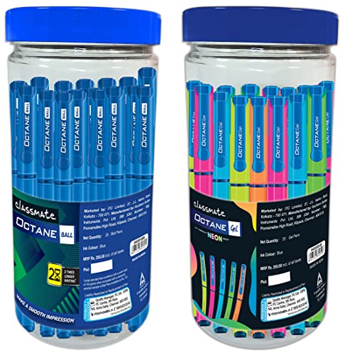 Image of Classmate Octane Neon- 25 Blue Gel Pens Plastic Octane Ball (Blue) Jar - Pack of 25