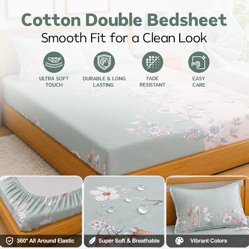 Image of DECORUM Glace Cotton Fitted 1 Bedsheet King Size (72 inchx78 inch) | All Around Elastic | Cotton Feel | 2 Pillow Covers (17 inchx27 inch) | Fits Up to 8 inch Mattress | 200-220 TC | Printed Double Bed Sheet Set