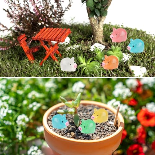 Tikplus Schwein Mini Figuren, Kleine Schwein 60 Stück, Niedliche Schweinchen Deko, Harz Tiere Spielzeug, Leuchtende Bunt Schwein, DIY Puppenhaus Zubehör für Miniatur Garten Landschaft (6 Farben)