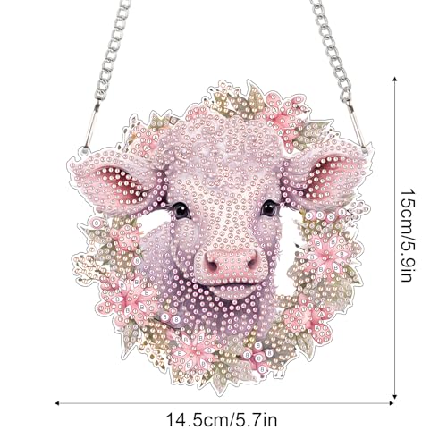 Image of Cow in Floral Wreath Diamond Painting Hanging Kit, DIY 5D Acrylic Rhinestones Diamond Art Pendant, Animal Diamond Art Ornament for Wall, Window, Door, or Home Decoration, Handmade Gift for Adults