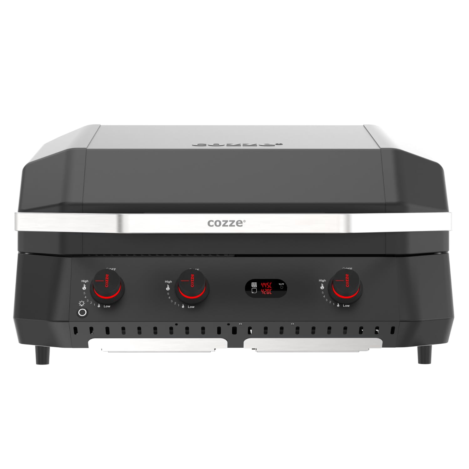 Cozze® G-800 COMBO Plancha-Grill – 3 Brûleurs – 9,5 kW – Grill + Plancha en Fonte Émaillée – 50mbar – Régulateur Inclus – Barbecue Gaz Haute Performance