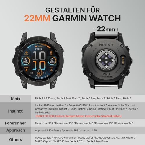 Bandletic Kompatibel mit Garmin Fenix 8 47mm/7/6/5 Armband - 22mm Quick Fit Robustes Nylonarmband für Fenix 7 Pro/6 Pro/5 Plus/Instinct 3 E 45mm/Forerunner965/955/945 /Approach S70/S62/S60