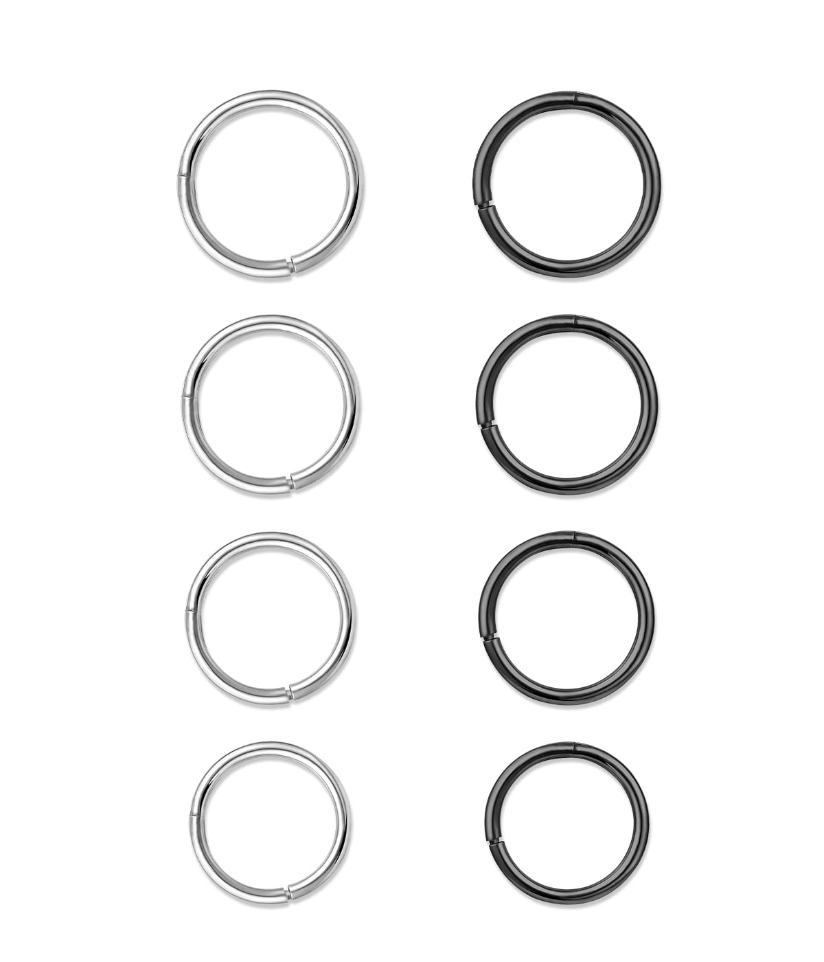 REQAG 8PCS Anillos de Nariz Pendientes de Aro, 316L Acero Quirúrgico Sleeper Septum Clickers, Piercing de Lóbulo de Caracol negro+plata