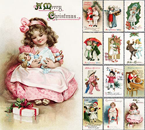 Image of PIXILUV CHILDREN AND CHRISTMAS (Pack of 12) Notecards Small Greeting Cards # Happy Children at Christmas Time ~ Vintage Christmas Postcards Reprint