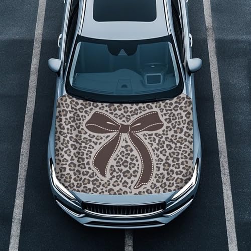 Image of Renewold Car Hood Cover,Vehicle Hood Wrap Blanket, Women Men Automotive Exterior Accessories, Easy Install Auto Decor for Outdoor Daily Festival Party Holiday, Grey Leopard Print Large Brown Bow
