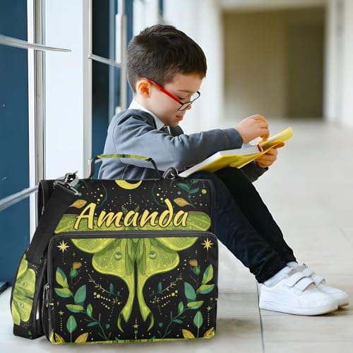 Image of Custom 3 Ring Zipper Binder Mystical Green Moon Moth Boho Personalized Name 1.5 inch Binders Large Capacity Multi Pockets for School Office Supplies