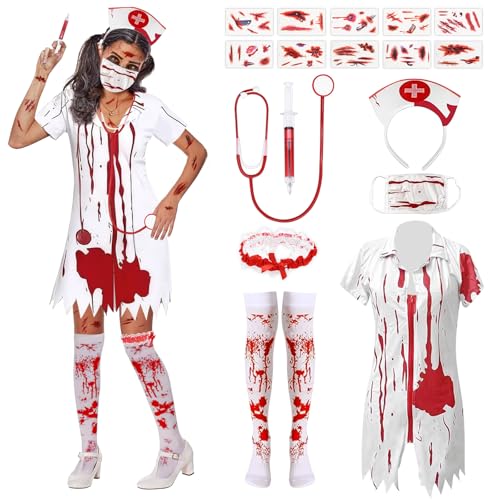 READREAM Halloween Kostüm Damen, Blutige Krankenschwester Kostüm, Zombie Krankenschwester Kostüm Set, Verkleidung Damen für Halloween, Karneval...