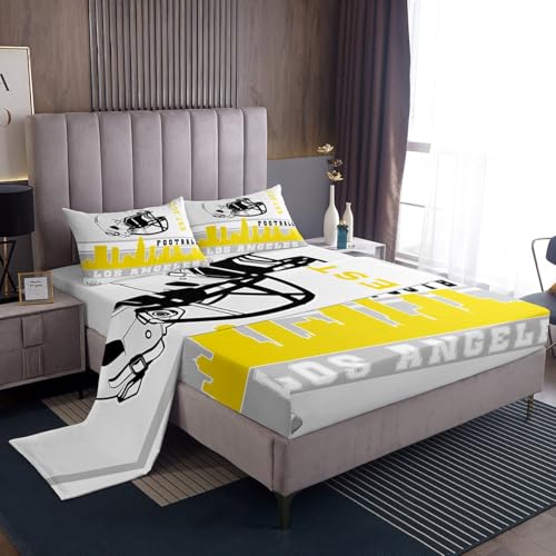 Erosebridal American Football Bed Sheets Set Full Football City Sheet Set for Teens Grey Yellow Football Fans Sheets Rugby Game Room Decor Sports Ball Competition Flat Fitted Sheet(Los Angeles)
