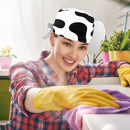 Image of 2 PCS Bouffant Cap with Button Ponytail Pouch Working Cap Sweatband Adjustable Surgical Cap Black and White Cow
