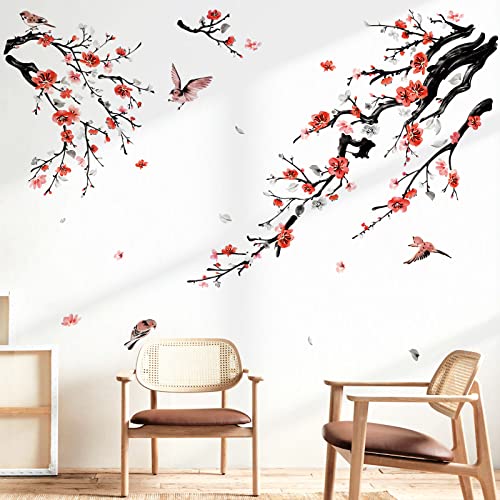 wondever Stickers Muraux Branche de Fleur Autocollants Muraux Mural Stickers Fleurs Rouge Oiseaux sur Branche pour Chambre Salon Mur TV
