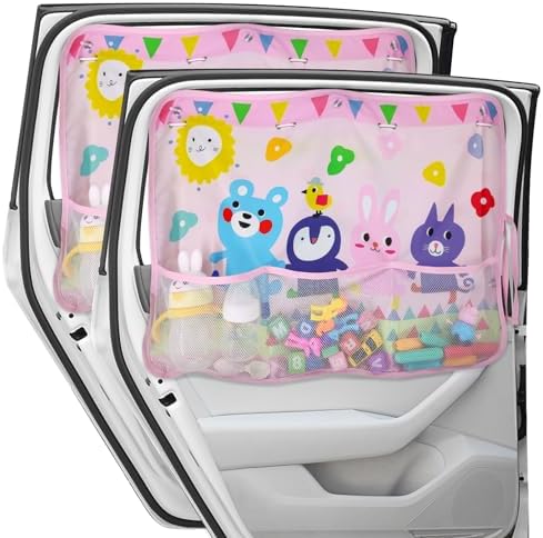 DIZA100 Car Sun Shade for Window Baby (2 Pack), Blackout Window Shades with Storage Net Pocket, 7 Suction Cups, Cute Patterns for Sun/Heat/UV Rays Block