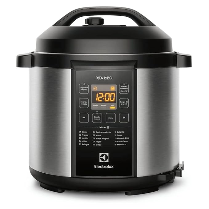 Panela pressão elétrica Electrolux digital capacidade 6L silenciosa segura 10 travas segurança 15 receitas pré-programadas 3 níveis pressão PCC20 inox preto 127v por Rita Lobo
