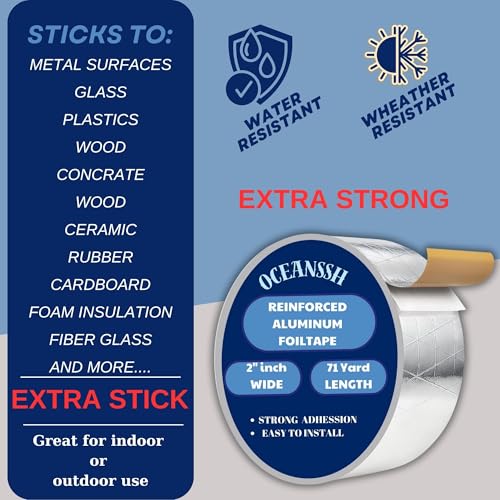 Image of Heavy Duty Reinforced Aluminum Tape - Waterproof, Heat Resistant Foil Tape for Ductwork & Insulation, Strong Adhesive, 2 inch x 71 Yards, Ideal for Sealing & Repairs (Reinforced)