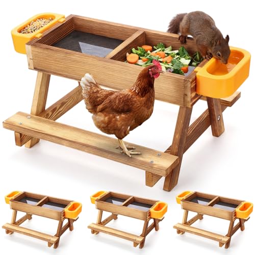 CimoroWin 3 Pack Chicken Feeder Picnic Table Wooden Chicken Feeders No Waste with Water Bowls Coop Accessories for Poultry Chicks Wild Bird Duck Squirrel