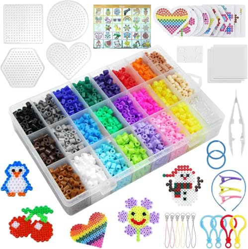 YESLUSY Perles à Repasser Set, Fusible Perles Bricolage Enfant, avec Plaques de Perles à Repasser et Accessoires, 24 Couleurs / 6300 Pièces/Mini 5mm pour Anniversaire...
