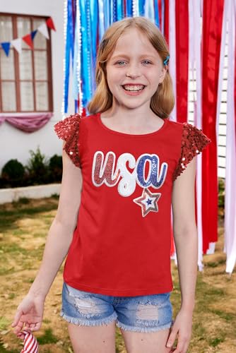 BesserBay Girls 4th of July Sequin Ruffle Short Sleeve Tee Top Flag Red White Blue Shirt 4-12 Years3