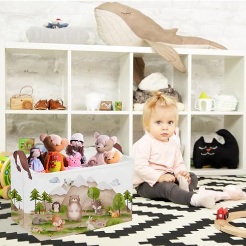 Image of Sanjiaofeng Rectangular Forest Animals Kids Laundry Basket Animal Hamper for Nursery Waterproof folding Kids Storage Basket Woodland Animals Room Decor Books Box Gift Baskets(Mountain animal)