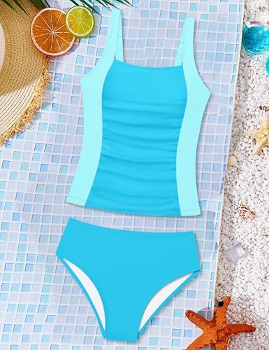 Image of Girls Tankini Swimsuit Solid Color Blocking Two Piece Bathing Suit Ruched Slimming Teen Girls' Swimwear for 9-18Years