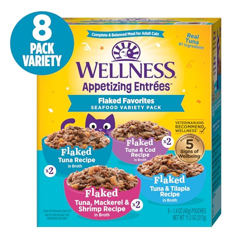Image of Wellness Appetizing Entrees Flaked Adult Wet Cat Food, Natural, Protein-Rich, Grain Free, 1.4 Ounce Pouch, 8 Pack (Seafood Variety Pack)