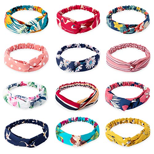 12pcs Floral Boho Headbands for Women, Sport Cross Elastic Hair Band, Stretchy Headwear, Hair Accessories for Girls (Style 1)