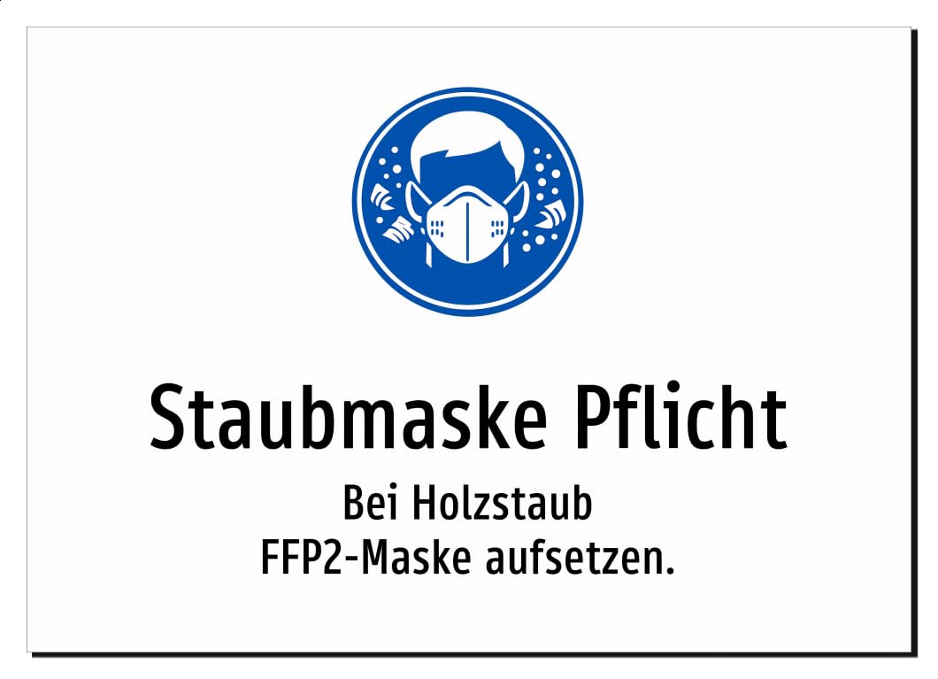 Staubmaske Pflicht - Bei Holzstaub FFP2-Maske aufsetzen. – Aufkleber A2: 594x420mm – Mit Grafik und Text