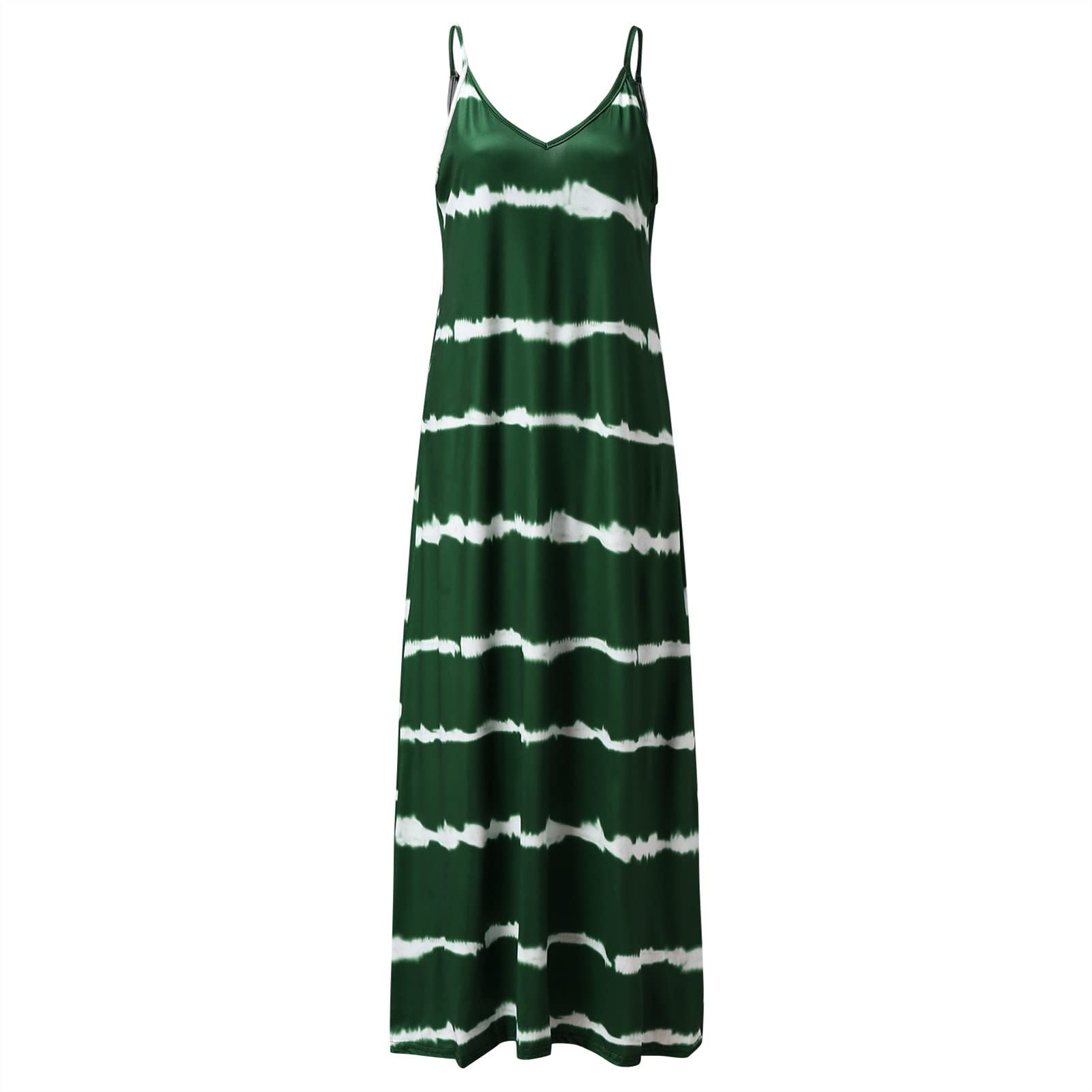FANFENG Abito da Donna Abiti Senza Maniche A Righe con Scollo A V Abito Lungo da Spiaggia Casual Elegante Abito Lungo con Spalline Elasticizzate Abito Ampio (Color : Green, Size : L/Large)