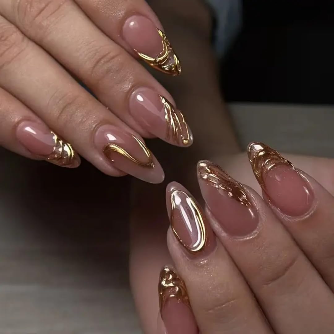 Gold Chrome Press On Nails Almond Shape | Glossy Nude False Nails with 3D Metallic Swirl Design | Press On Nails Kit for Women And Girls Fake Nail Extension | Reusable Nail Extension For Women With Glue Tab | Long Lasting Glossy Finish Artificial Nails | Easy to Apply Fake Nails for Salon Look at Home | Stick-On Manicure Kit For Parties, Weddings And Gifts | Trendy Nail Art Set for All Occasions-image-11