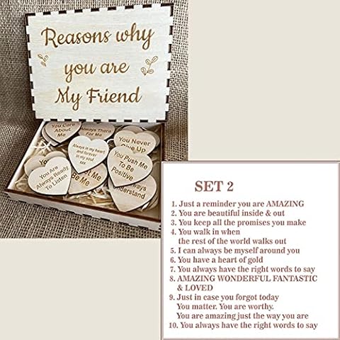 Friendship Wooden Hearts in The Box Reasons Why You are My Friend Personalized Wooden Box and Heart Tokens Set Unique Wooden Shaped Heart Gift for Friends Birthday Wedding Valentine DIY Supplies Cover