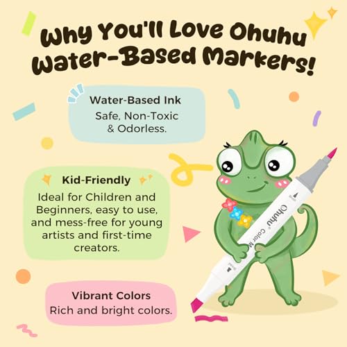 Ohuhu No Bleeding Water-based 60 Colors Dual Tips Markers for Adults Coloring Books
| Ohuhu Chisel & Brush Coloring Markers for Kids and Adults Beginner Drawing Pens
| Ohuhu Water-based Coloring Markers for Adult and Kids Journaling and Lettering