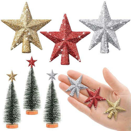 6 cm Estrella Árbol de Navidad Pequeño, 3 Piezas Mini Estrellas para Arbol de Navidad, Mini Topper Árbol para Adorno Punta Arbol Navideñas (6cm-Brillo: Rojo Oro Plata)