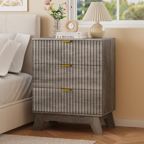 Image of Fluted Nightstand with 3 Large Drawers, Wooden Side End Table with Elevated Legs for Easy Cleaning, Sturdy Modern Beside Table for Small Space, Bedroom, Grey, 24 inch L