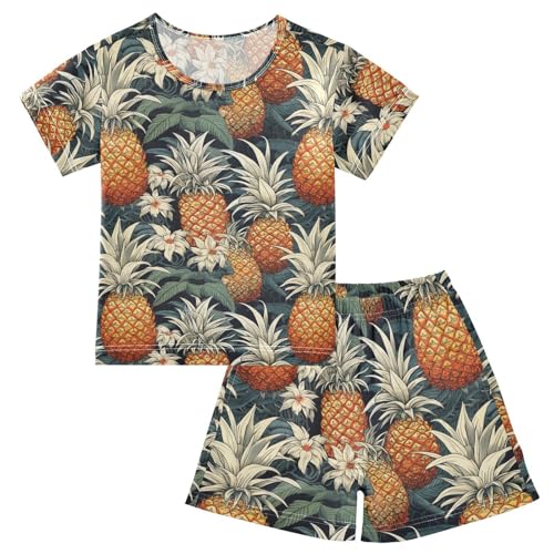 ALAZA Pineapple Whiite Flowers Pajama Set Short Sleeve Sleepwear Soft Lounge Nightwear