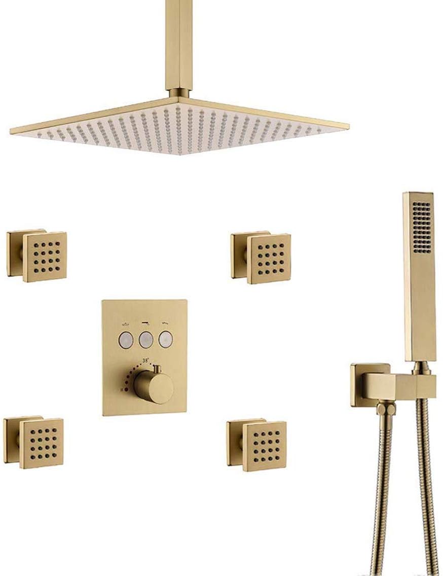 DASHADAO Shower System, Thermostatic Brass Shower Faucet Complete Shower Kit with 10-12 Inch Ceiling Rain Head and 4 PCS Body Sprayer, Brushed Gold Shower Set