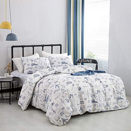 Image of KAREVER White Aircraft Comforter Set Twin Boys Cartoon White Bedding Set Airplane Comforter Car Tank Printed Bedding for Children Teen Boy Blanket Set