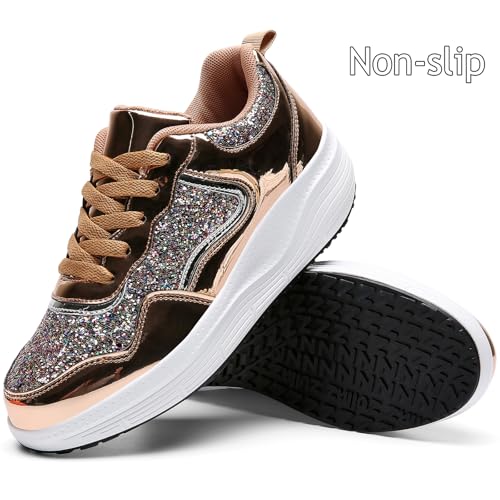 WUIWUIYU Women's Girls' Wedge Platform Shiny PU Sparkly Sequins Glitter Lace-Up Sneakers Street Dance Shoes4