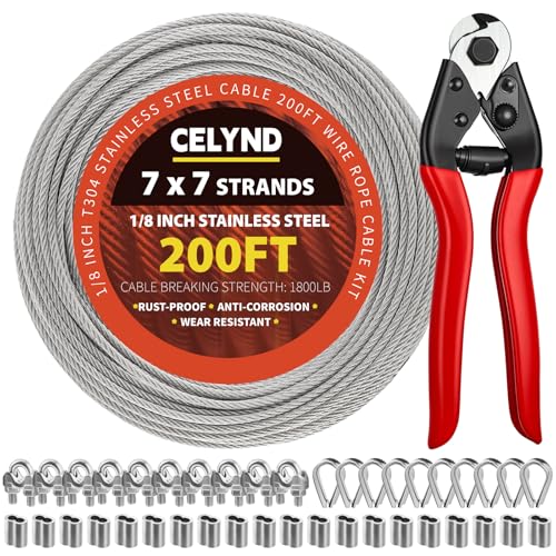 CELYND 1/8 Stainless Steel Cable Kit - 200ft 1/8 Wire Rope with Cutter - Heavy Duty 7x7 Strands for Outdoor String Light Hanging Deck Railing Clothesline Garden Fence DIY Projects