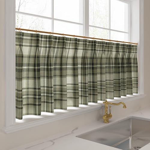 Image of TWOPAGES Pinch Pleat Plaid Print Cafe Curtains, Latte, 52W x 36L