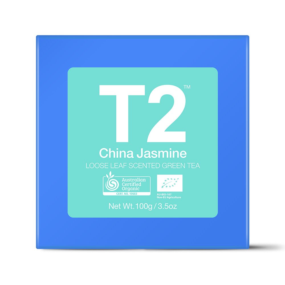 T2 Tea Organic China Jasmine Scented Green Tea, Loose Leaf Green Tea in a Gift Cube, 100g