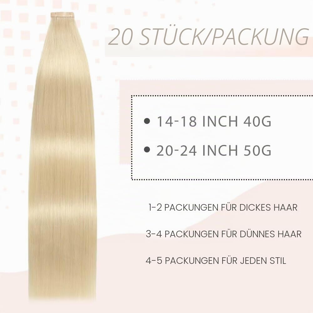 YDDM Tape Extensions Echthaar Hellblond 20pcs 60cm 50g Bleichblond Remy Invisible Tape in Extensions Echthaar Blonde Tapes Ins Dunkelblond Tape Extensions Skin Weft Haarverlängerung(24Zoll,60#)