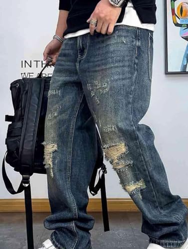 Men’S Trendy Hip Hop Slim Fit Ripped Vintage Washed Patched Straight Leg Denim Pants Full Length Button Fly Streetwear4