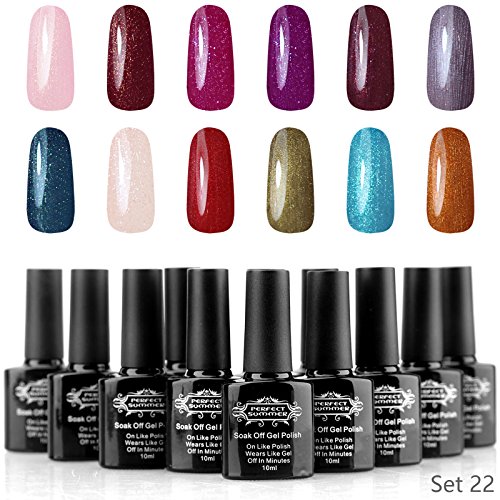 Perfect Summer Pro Gel Nail Polish UV LED Soak Off, Sunset Valley " Hologram Glitter Colors Kit - Pack of 12, 10ml Each (Set #22)