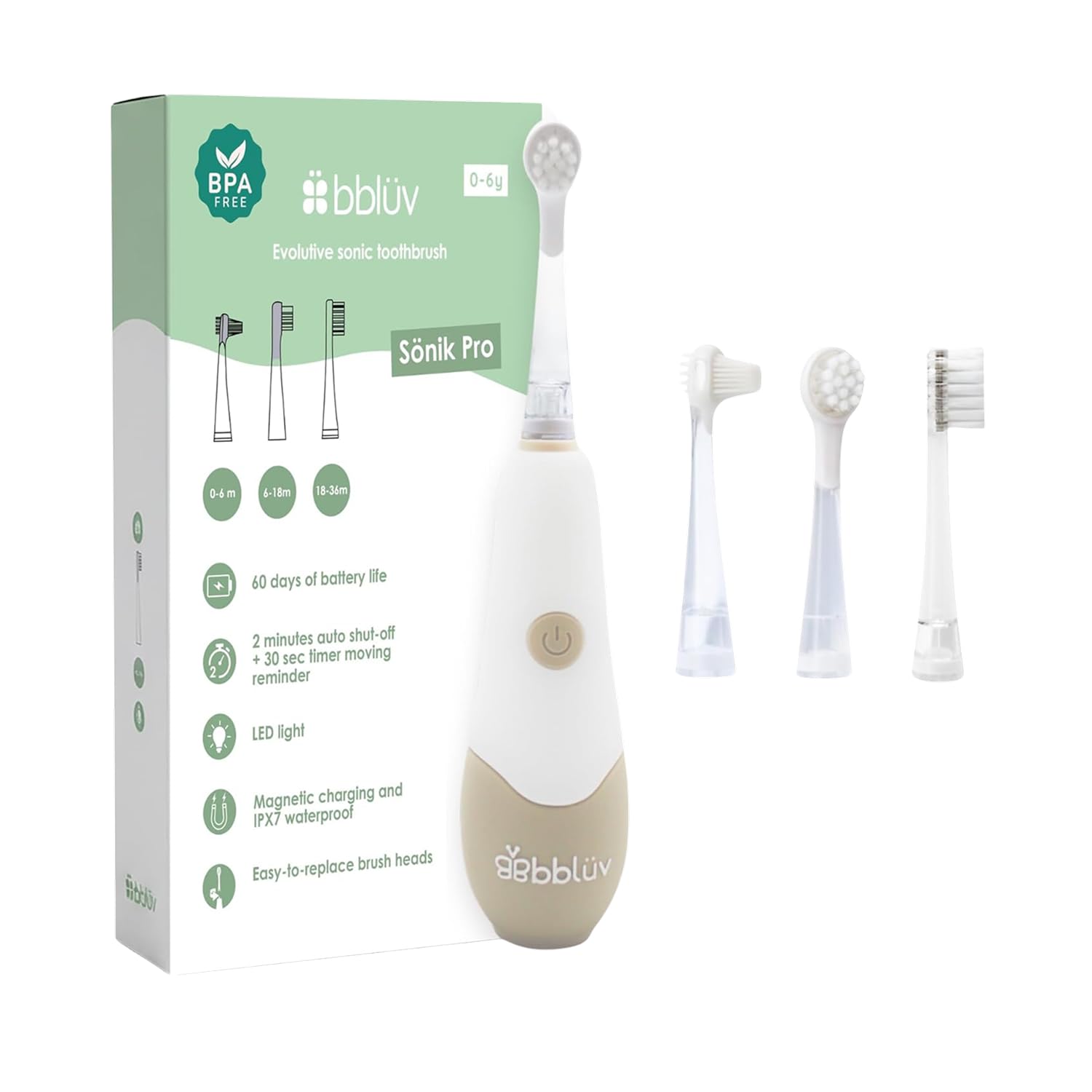 Bblüv - Spazzolino da denti elettrico per bambini Sönik Pro - Vibrazione e LED - 3 modalità - Timer 2 min - Durata 60 giorni - Scalabile 0-6 anni