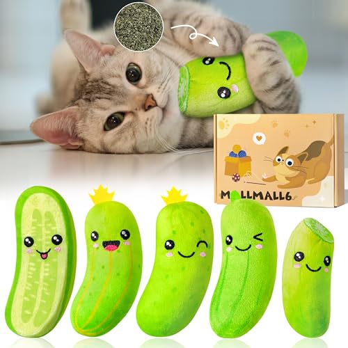 MALLMALL6 Pickle Catnip Cat Toys - 5Pcs Indoor Kitten Chew Bite Kick Cucumber Catmint Interactive Toys for Cat Lover Gifts Kitty Boredom Relief Supplies with Cute Expression for Pet Birthday Presents