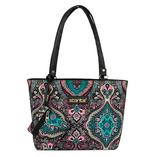 Image of Storite Women's Tote Bag With Leather Handles & Embroidery Printed bag With Zip Pockets, Shoulder Tote Bag And Handbag For Office And College