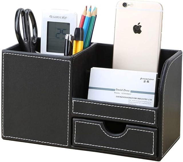 KINGFOM Desk Organiser Tidy Caddy Leather Pen Pencil Pots Holder Stationery Storage Office Desktop Supplies Organisers with Drawer Black