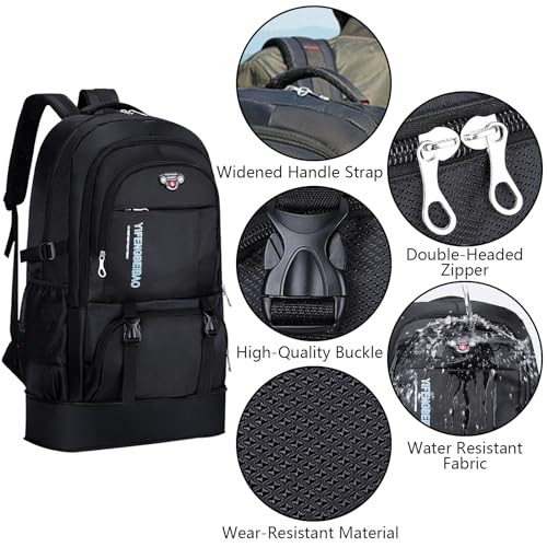 Wesoke 65L Wanderrucksack Schwarz, Erweiterbare Reise-Wander-Tagesrucksäcke, wasserdichter großer Campingrucksack für Herren Damen, faltbarer leichter Outdoor-Sportrucksack für Klettertouren